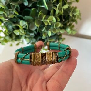 Vintage Brass and Turquoise teal leather Bracelet Ornate Brass Indian style